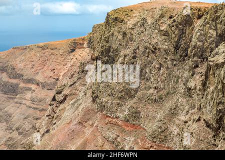 Vista dal Mirador del Rio alle rocce laviche della catena montuosa del Risco de Famara, Lanzarote, Canarie, Isole Canarie, Spagna, Europa Foto Stock