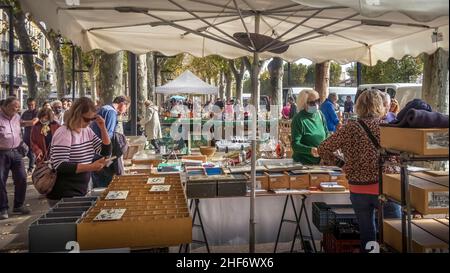 Mercato di antiquariato a Narbonne in autunno. Foto Stock