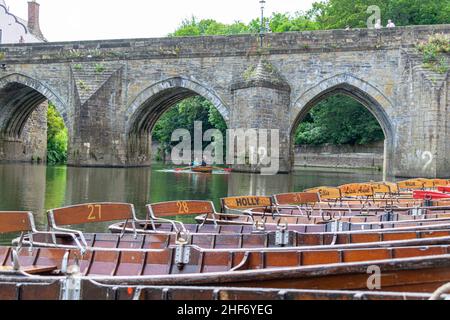 14th luglio 2019 - Durham, Inghilterra, Regno Unito: Barche a remi allineate sul fiume Wear nel centro della città di Durham, famosa per la sua Università. Bel verde Foto Stock