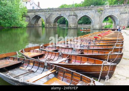14th luglio 2019 - Durham, Inghilterra, Regno Unito: Barche a remi allineate sul fiume Wear nel centro della città di Durham, famosa per la sua Università. Bel verde Foto Stock