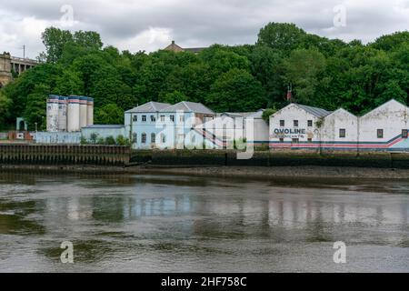 Newcastle, UK - 7 maggio 2019: Gli oli Brett su Gateshead Quayside si ergono sotto l'ombra del ponte di alto livello. Recentemente acquisito per essere sviluppato in Foto Stock