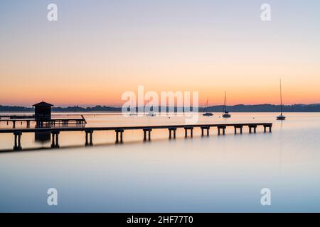 Mattina ad Ammersee, Schondorf am Ammersee, Fünfseenland, alta Baviera, Baviera, Germania meridionale, Germania, Europa Foto Stock