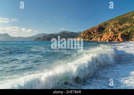 Le onde si infrangono sulla spiaggia di Porto guardando verso la Torre Pisana, Porto, Corsica, Francia Foto Stock