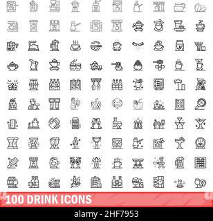 100 icone bevande impostate. Illustrazione di 100 icone delle bevande insieme vettoriale isolato su sfondo bianco Illustrazione Vettoriale