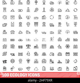 100 icone ecologiche impostate. Illustrazione del contorno di 100 icone ecologiche vettore set isolato su sfondo bianco Illustrazione Vettoriale