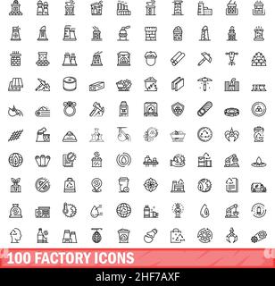 100 icone di fabbrica impostate. Illustrazione a contorno di 100 icone di fabbrica vettore set isolato su sfondo bianco Illustrazione Vettoriale