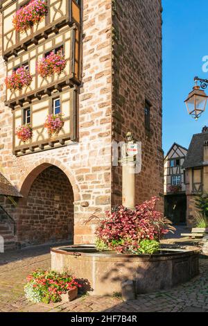 Fontana a Dolderturm, Musee du Dolder, Riquewhir, Alsace Wine Route, Gran d Est, Francia Foto Stock