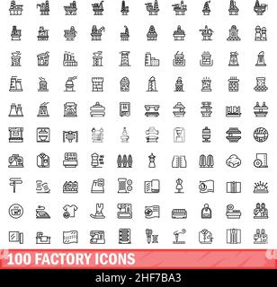 100 icone di fabbrica impostate. Illustrazione a contorno di 100 icone di fabbrica vettore set isolato su sfondo bianco Illustrazione Vettoriale