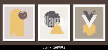 Un set di tre modelli di copertina astratta in stile boho dal design moderno. Illustrazioni minime e naturali per la stampa d'arte, Postc Illustrazione Vettoriale