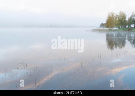 Svezia, Varmland, mood mattutino al lago Övre Brocken, nebbia Foto Stock