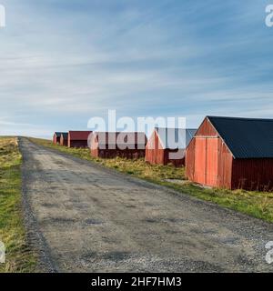 Norvegia, Lofoten, Vestvagøya, Eggum, villaggio di pescatori, boathouse Eggum, villaggio di pescatori, boathouses, luce della sera Foto Stock