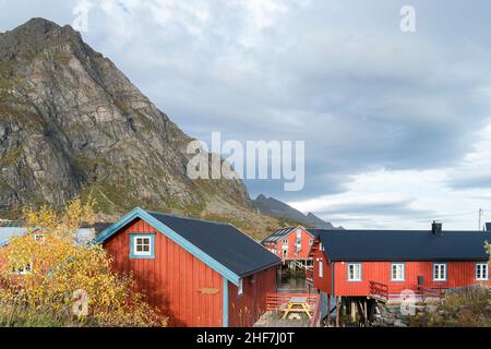 Norvegia, Lofoten, Ã…, villaggio di pescatori, Rorbuer, capanne dei pescatori Foto Stock