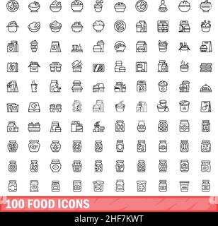 100 icone alimentari impostate. Illustrazione del contorno di 100 icone di cibo vettore set isolato su sfondo bianco Illustrazione Vettoriale