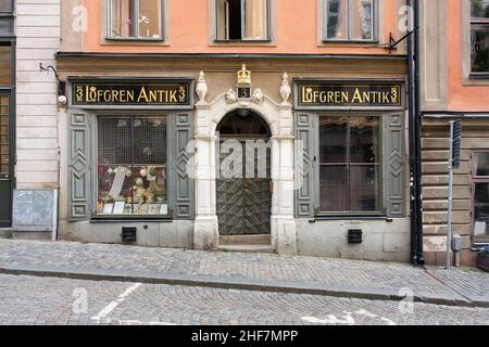 Svezia, Stoccolma, Città Vecchia, Gamla Stan, Storkyrkobrinken, negozio di antiquariato Foto Stock