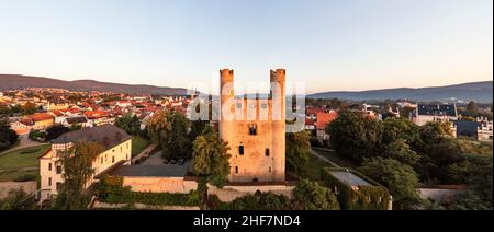 Germania, Turingia, Saalfeld, Hoher Schwarm, rovine del castello, Johanneskirche (sfondo), vista aerea, luce del mattino Foto Stock