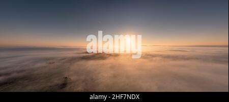 Germania, Turingia, Großbreitenbach, Wildenspring, nebbia pezzi di foresta sporgono attraverso la nebbia, l'alba, la luce posteriore, foto panoramica Foto Stock