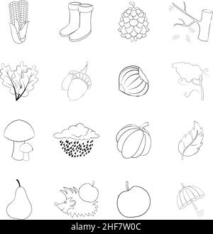 Gli elementi autunnali impostano icone in stile contorno isolate su sfondo bianco Illustrazione Vettoriale