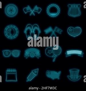 Icone giorno indipendenza impostate. Illustrazione di 16 icone vettoriali giorno di indipendenza colore al neon nero Illustrazione Vettoriale