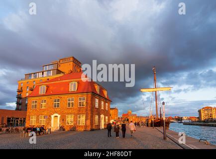 Wismar, Alter Hafen (Porto Vecchio), navi a vela storiche, Baumhaus (Casa degli alberi, a sinistra) in Ostsee (Mar Baltico), Meclemburgo-Vorpommern, Germania Foto Stock