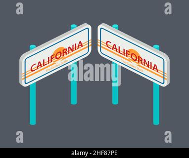 Insieme isometrico di pilastri con frecce che indicano la direzione della California per la mappa. Illustrazione vettoriale. Illustrazione Vettoriale