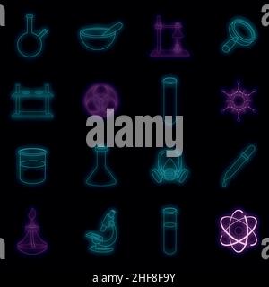 Set icone laboratorio chimico. Illustrazione di 16 icone vettoriali di laboratorio chimico colore neon nero Illustrazione Vettoriale