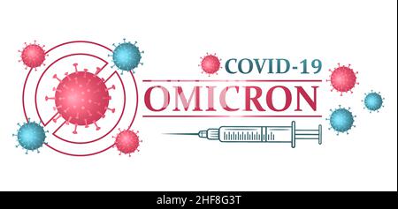 Omicron Сovid-19 variante di vaccinazione di protezione icona. Interrompere il nuovo ceppo di coronavirus. Mutazione virale. Iniezione di vaccino medico per il virus corona. Vettore Illustrazione Vettoriale