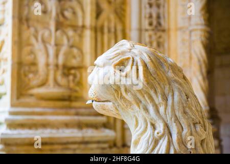 Il leone d'acqua nel bellissimo monastero di Jeronimos a Lisbona, Belem Foto Stock