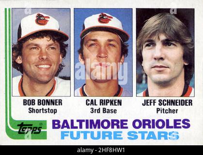 Carta da baseball Topps Rookie 1982 con Cal Ripken dei Baltimore Orioles. Foto Stock