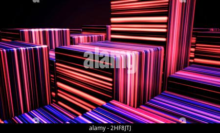 Colorati cubi di neon sfondo chiaro, LED cubi sfondo. Luce ultravioletta, luminescenti cubi al neon di linee, illuminazione moderna e colorata. In loop Foto Stock