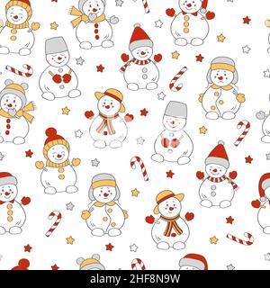 Modello senza cuciture con vettore carino pupazzi di neve di Natale in cappelli invernali Illustrazione Vettoriale