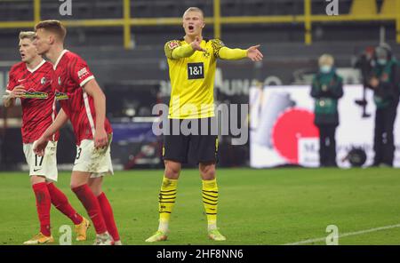 Dortmund, Germania. 14th Jan, 2022. Primo : 14th gennaio 2022, Fuvuball, 1.Bundesliga, stagione 2021/2022, BVB, Borussia Dortmund - SC Freiburg Gesture, Erling Haaland Credit: dpa/Alamy Live News Foto Stock