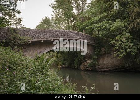 11 giugno 2021: Il ponte sul fiume Teme a Downton Gorge, Herefordshire, Regno Unito Foto Stock