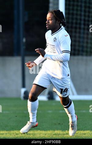 Swansea, Galles. 14 Gennaio 2022. Tarrelle Whittaker di Swansea City Under 23s durante la partita della Premier League Cup tra Swansea City Under 23s ed Exeter City Under 23s alla Swansea City Academy di Swansea, Galles, Regno Unito il 14 gennaio 2022. Credit: Duncan Thomas/Majestic Media. Credit: Majestic Media Ltd/Alamy Live News Foto Stock