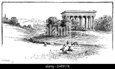 Illustrazione di epoca edoardiana del Tempio di Concord nel terreno di Audley End House vicino Saffron Walden, Essex, Inghilterra. Foto Stock