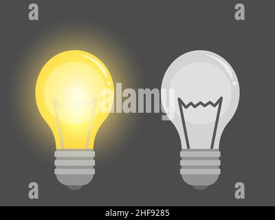 Lampadine elettriche accese e spente. Icona della lampadina. Modello di accensione e spegnimento dell'elettricità. Illustrazione Vettoriale