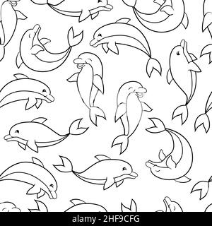 Modello senza giunture vettoriale con simpatici delfini divertenti, pagina da colorare Illustrazione Vettoriale