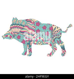 Cinghiale vettoriale con disegno astratto colorato a mano Illustrazione Vettoriale