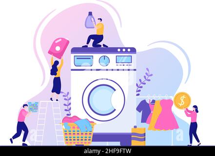 Lavanderia con lavatrici ed asciugatrici in Flat background Illustration. Panno sporco che giace nel cestino e le donne sono vestiti di lavaggio per Banner o Poster Illustrazione Vettoriale
