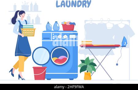 Lavanderia con lavatrici ed asciugatrici in Flat background Illustration. Panno sporco che giace nel cestino e le donne sono vestiti di lavaggio per Banner o Poster Illustrazione Vettoriale