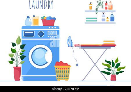 Lavanderia con lavatrici ed asciugatrici in Flat background Illustration. Panno sporco che giace nel cestino e le donne sono vestiti di lavaggio per Banner o Poster Illustrazione Vettoriale