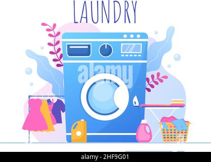 Lavanderia con lavatrici ed asciugatrici in Flat background Illustration. Panno sporco che giace nel cestino e le donne sono vestiti di lavaggio per Banner o Poster Illustrazione Vettoriale