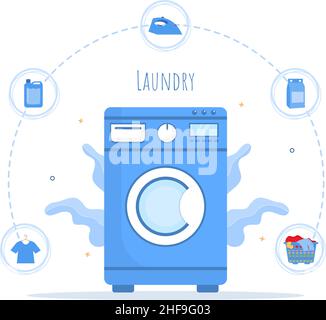 Lavanderia con lavatrici ed asciugatrici in Flat background Illustration. Panno sporco che giace nel cestino e le donne sono vestiti di lavaggio per Banner o Poster Illustrazione Vettoriale