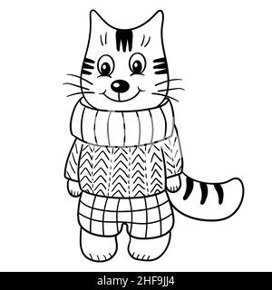 Pagina da colorare con un gatto giocattolo carino in un maglione e pantaloni Illustrazione Vettoriale