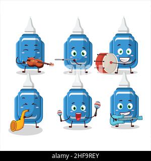 Personaggio cartoon di penna a correzione blu che suona alcuni strumenti musicali. Illustrazione vettoriale Illustrazione Vettoriale