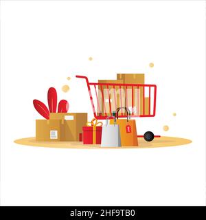 Supermercato carrello di shopping design piatto pieno di scatole. Illustrazione Vettoriale