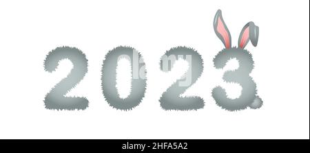 2023 anno di coniglio. Numeri grandi con le orecchie simpatiche coniglietto. Simbolo di Capodanno cinese. Biglietto di auguri per le feste. Illustrazione vettoriale isolata su bianco Illustrazione Vettoriale