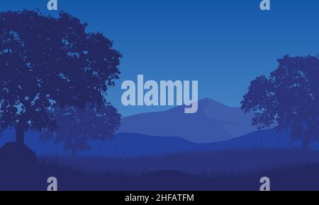 Vista realistica delle montagne dal sobborgo di notte. Illustrazione vettoriale di una città Illustrazione Vettoriale