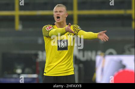 Dortmund, Germania. 14th Jan, 2022. Primo : 14th gennaio 2022, Fuvuball, 1st Bundesliga, stagione 2021/2022, BVB, Borussia Dortmund - SC Friburgo 5: 1 Erling HAALAND, BVB, Gesture Credit: dpa/Alamy Live News Foto Stock