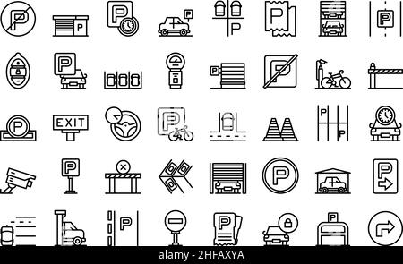 Le icone dei posti di parcheggio impostano il vettore di contorno. Parcheggio garage. Auto bicicletta Illustrazione Vettoriale