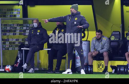 Dortmund, Germania. 14th Jan, 2022. Primo : 14th gennaio 2022, Fuvuball, 1.Bundesliga, stagione 2021/2022, BVB, Borussia Dortmund - SC Friburgo 5:1 Coach Marco ROSE, BVB, Gesture Credit: dpa/Alamy Live News Foto Stock